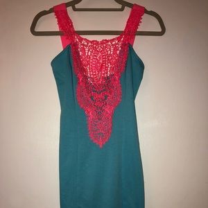 Blue dress with pink lace